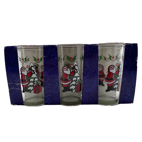 NOS Vintage Christmas Tumblers 8oz Santa Tree Snow Holly Set of 3 - Picture 1 of 9
